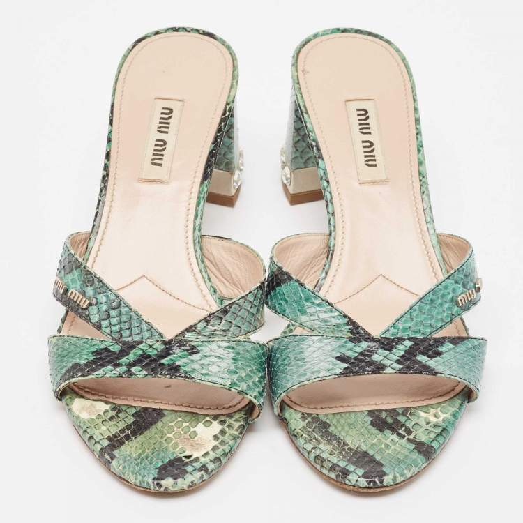 Pre Owned Miu Miu Green/Black Embossed Python Crystal Embellished Slide Sandals Size 37