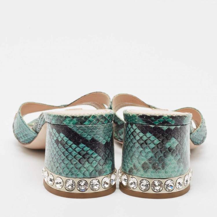 Pre Owned Miu Miu Green/Black Embossed Python Crystal Embellished Slide Sandals Size 37
