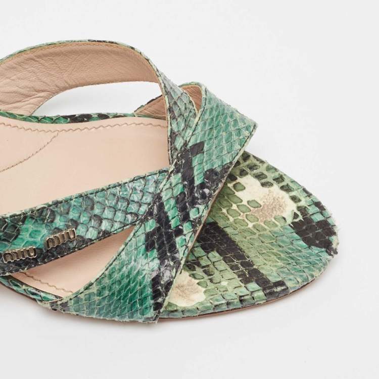 Pre Owned Miu Miu Green/Black Embossed Python Crystal Embellished Slide Sandals Size 37