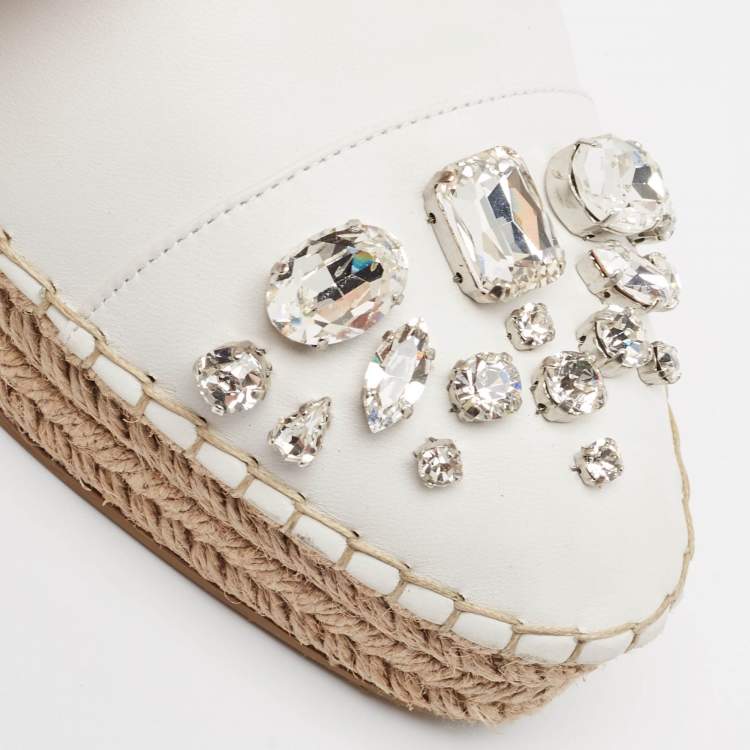 Pre Owned Miu Miu White Leather Crystal Embellished Espadrille Loafers Size 39 