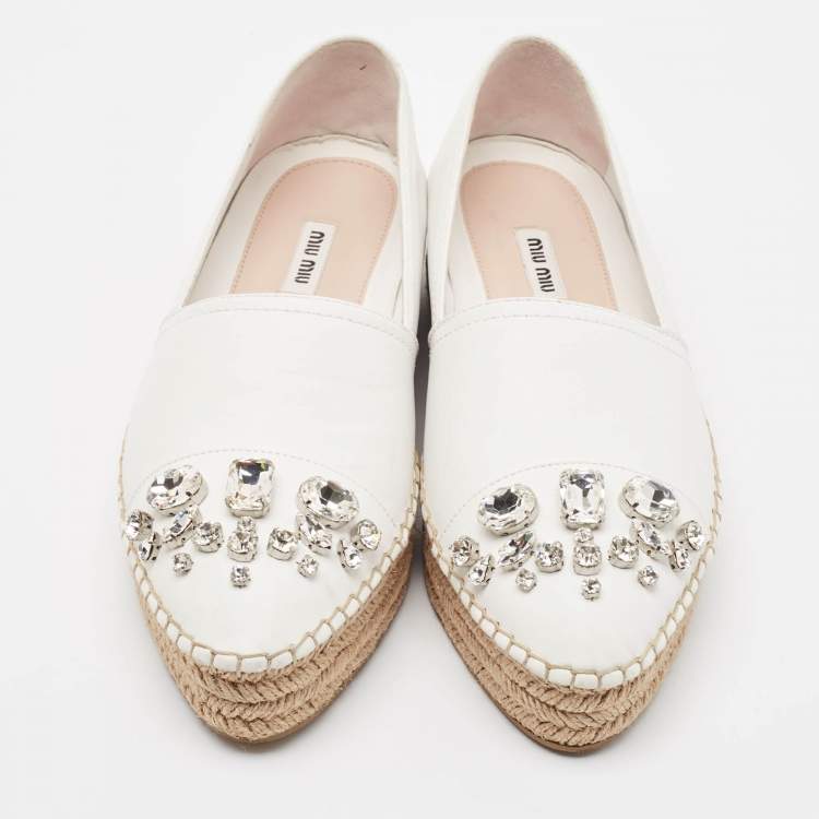 Pre Owned Miu Miu White Leather Crystal Embellished Espadrille Loafers Size 39 