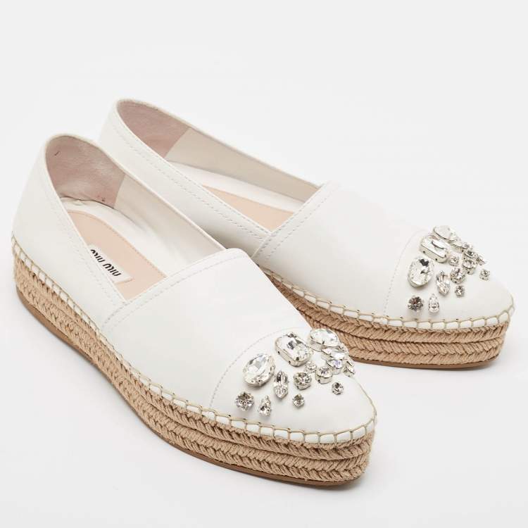 Pre Owned Miu Miu White Leather Crystal Embellished Espadrille Loafers Size 39 