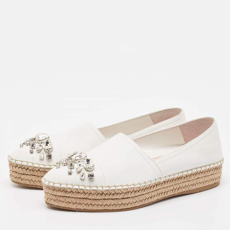 Pre Owned Miu Miu White Leather Crystal Embellished Espadrille Loafers Size 39 