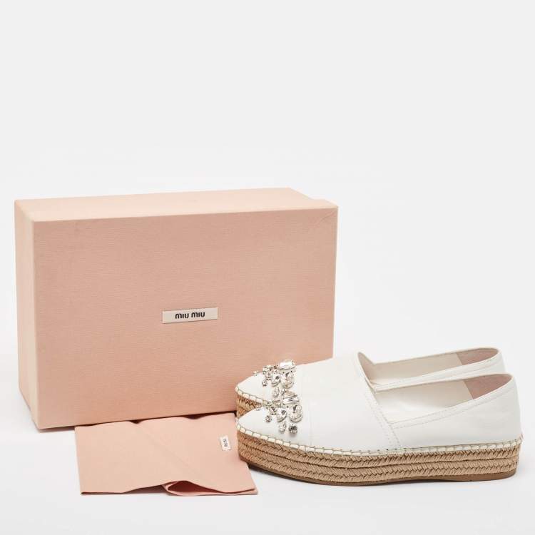 Pre Owned Miu Miu White Leather Crystal Embellished Espadrille Loafers Size 39 