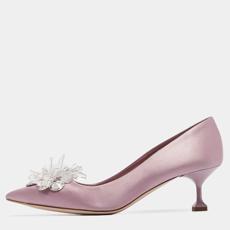 Pre Owned Miu Miu Purple Satin Crystal Embellished Pointed Toe Pumps Size 37