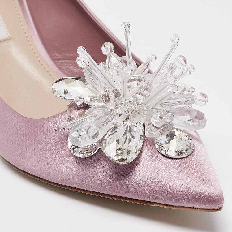 Pre Owned Miu Miu Purple Satin Crystal Embellished Pointed Toe Pumps Size 37