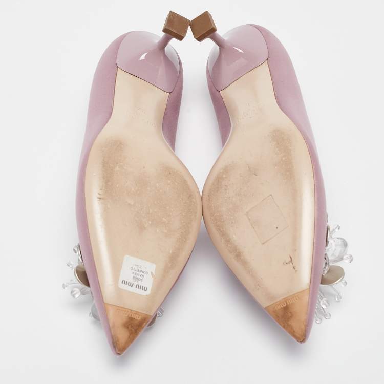 Pre Owned Miu Miu Purple Satin Crystal Embellished Pointed Toe Pumps Size 37