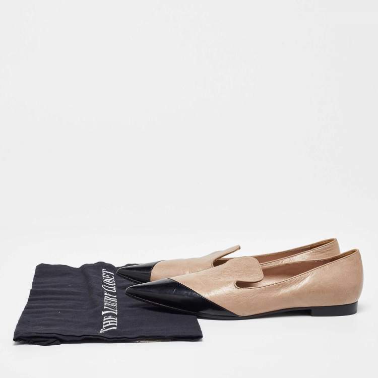 Pre Owned Miu Miu Beige/Black Leather Pointed Toe Ballet Flats Size 37.5
