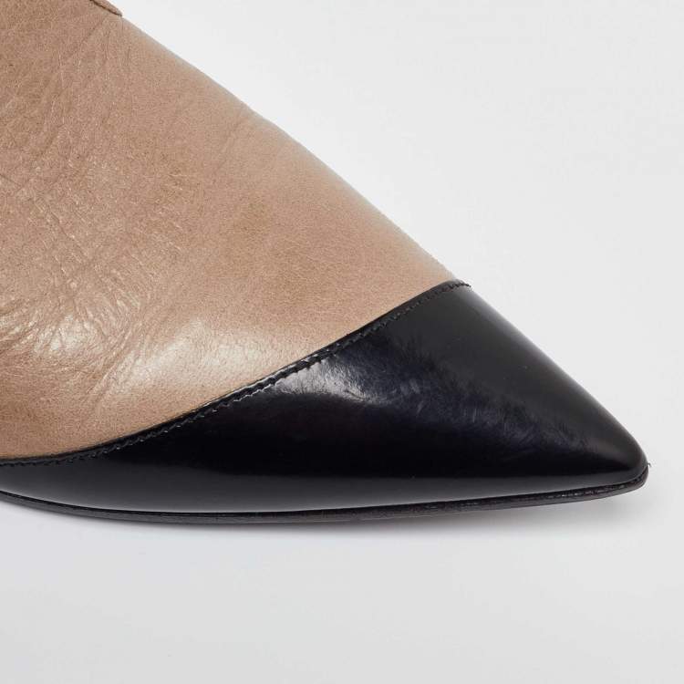 Pre Owned Miu Miu Beige/Black Leather Pointed Toe Ballet Flats Size 37.5
