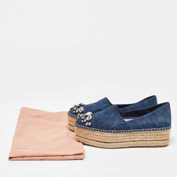 Pre Owned Miu Miu Blue Denim Crystal Embellished Cap Toe Platform Espadrilles Size 38