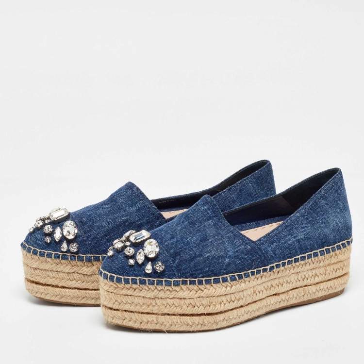 Pre Owned Miu Miu Blue Denim Crystal Embellished Cap Toe Platform Espadrilles Size 38