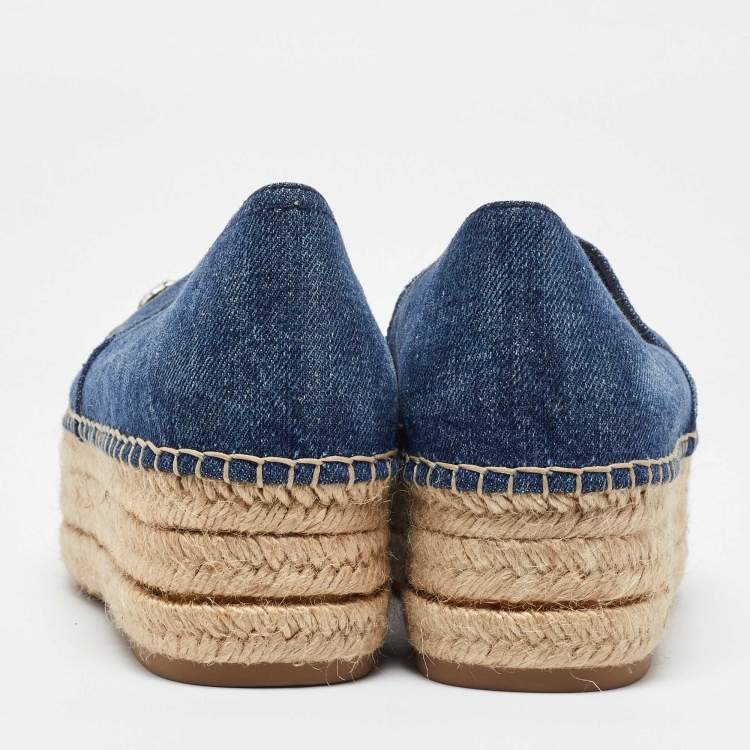 Pre Owned Miu Miu Blue Denim Crystal Embellished Cap Toe Platform Espadrilles Size 38