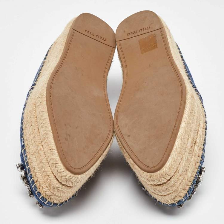 Pre Owned Miu Miu Blue Denim Crystal Embellished Cap Toe Platform Espadrilles Size 38