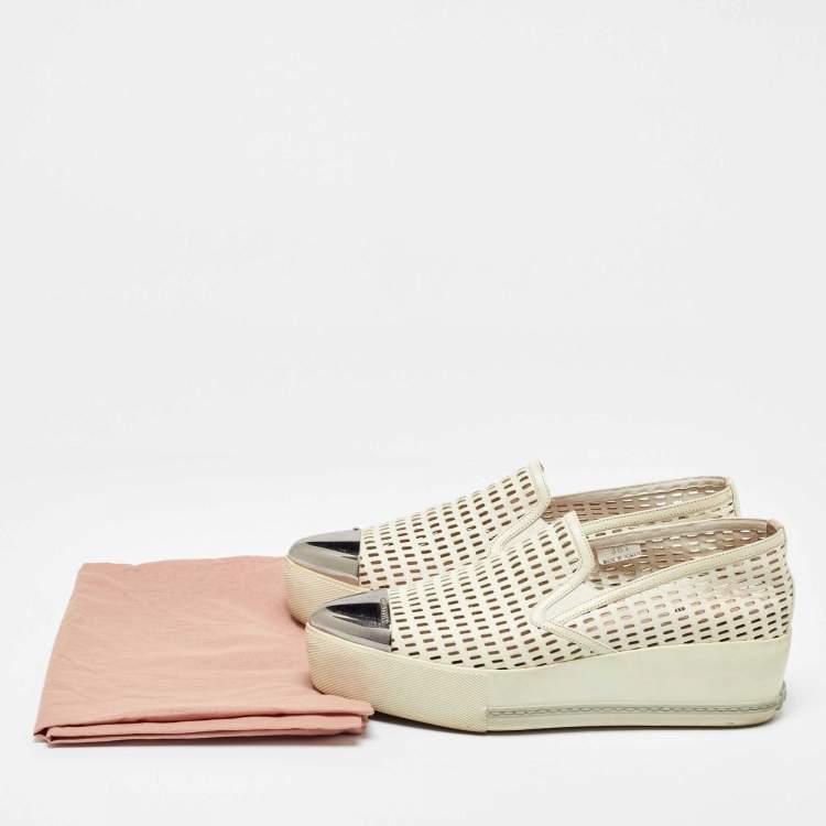 Pre Owned Miu Miu Off White Perforated Leather Metal Cap Toe Slip On Sneakers Size 38.5