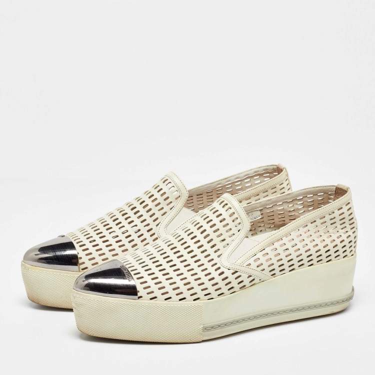 Pre Owned Miu Miu Off White Perforated Leather Metal Cap Toe Slip On Sneakers Size 38.5