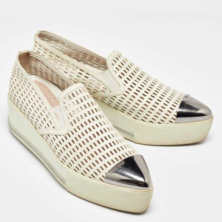 Pre Owned Miu Miu Off White Perforated Leather Metal Cap Toe Slip On Sneakers Size 38.5