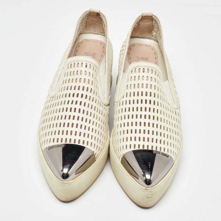 Pre Owned Miu Miu Off White Perforated Leather Metal Cap Toe Slip On Sneakers Size 38.5