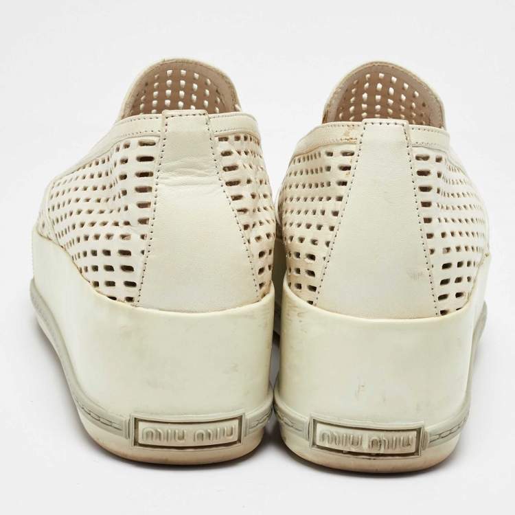 Pre Owned Miu Miu Off White Perforated Leather Metal Cap Toe Slip On Sneakers Size 38.5