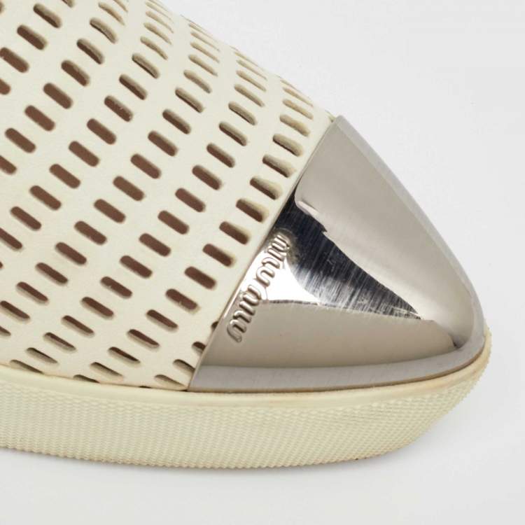 Pre Owned Miu Miu Off White Perforated Leather Metal Cap Toe Slip On Sneakers Size 38.5