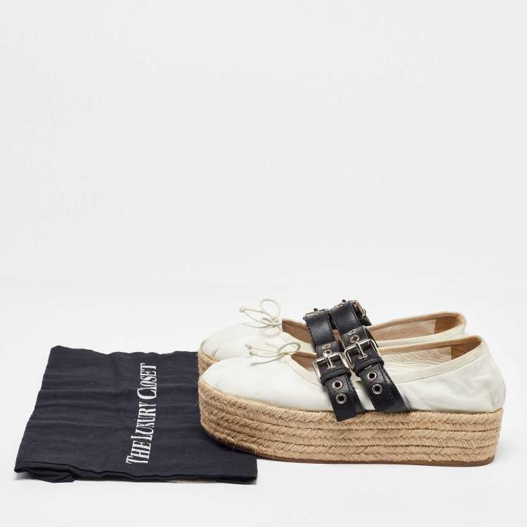 Pre Owned Miu Miu White/Black Leather Mary Jane Bow Platform Espadrille Ballet Flats Size 38.5