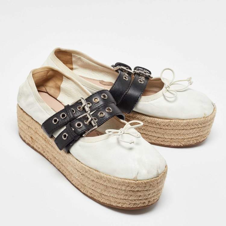 Pre Owned Miu Miu White/Black Leather Mary Jane Bow Platform Espadrille Ballet Flats Size 38.5