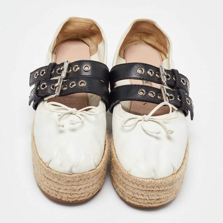 Pre Owned Miu Miu White/Black Leather Mary Jane Bow Platform Espadrille Ballet Flats Size 38.5