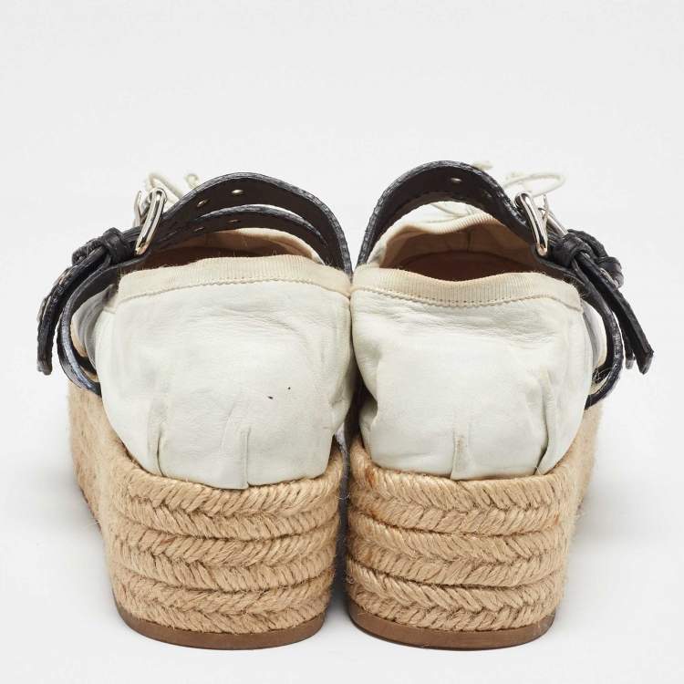 Pre Owned Miu Miu White/Black Leather Mary Jane Bow Platform Espadrille Ballet Flats Size 38.5