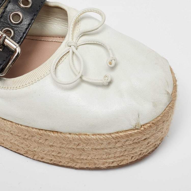 Pre Owned Miu Miu White/Black Leather Mary Jane Bow Platform Espadrille Ballet Flats Size 38.5