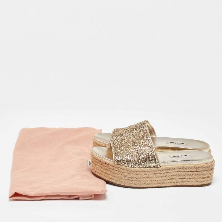 Pre Owned Miu Miu Gold Glitter and Leather Espadrille Wedge Sandals Size 38