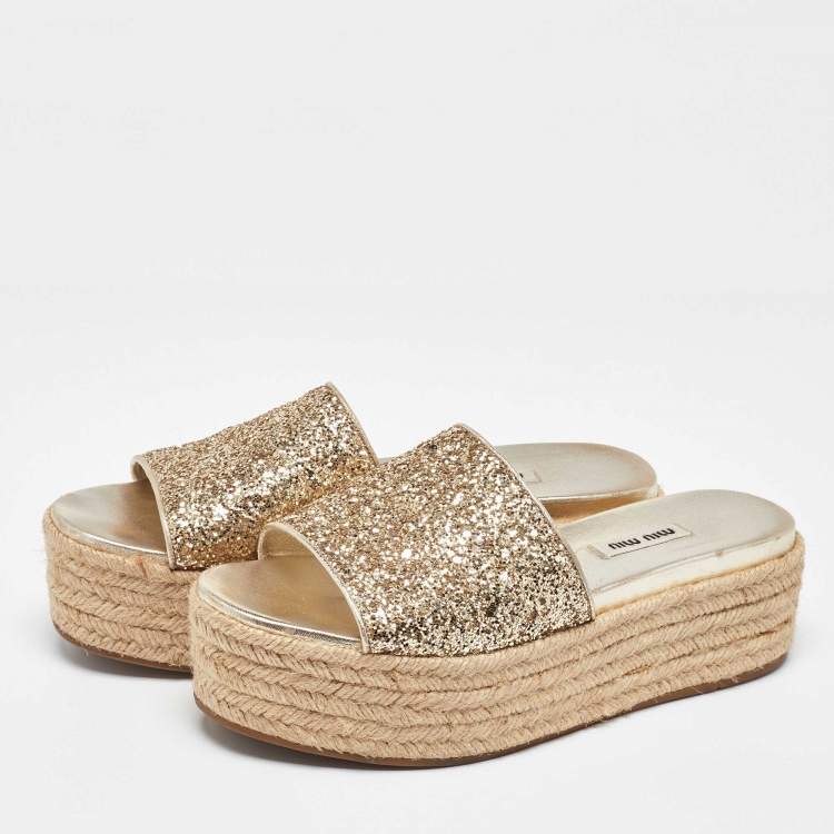 Pre Owned Miu Miu Gold Glitter and Leather Espadrille Wedge Sandals Size 38