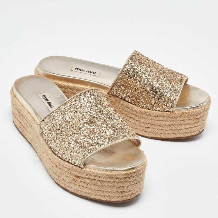 Pre Owned Miu Miu Gold Glitter and Leather Espadrille Wedge Sandals Size 38