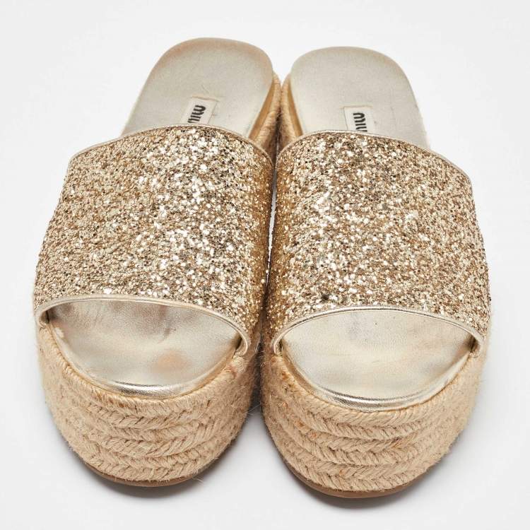 Pre Owned Miu Miu Gold Glitter and Leather Espadrille Wedge Sandals Size 38