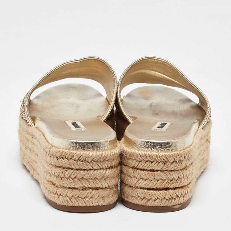 Pre Owned Miu Miu Gold Glitter and Leather Espadrille Wedge Sandals Size 38
