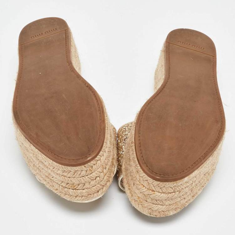 Pre Owned Miu Miu Gold Glitter and Leather Espadrille Wedge Sandals Size 38