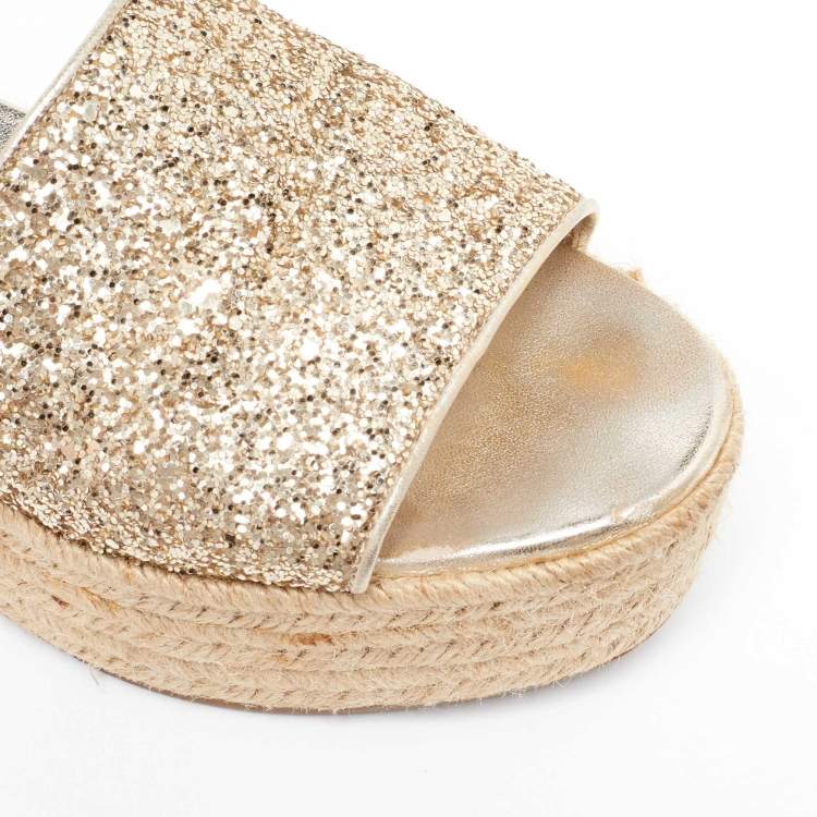 Pre Owned Miu Miu Gold Glitter and Leather Espadrille Wedge Sandals Size 38