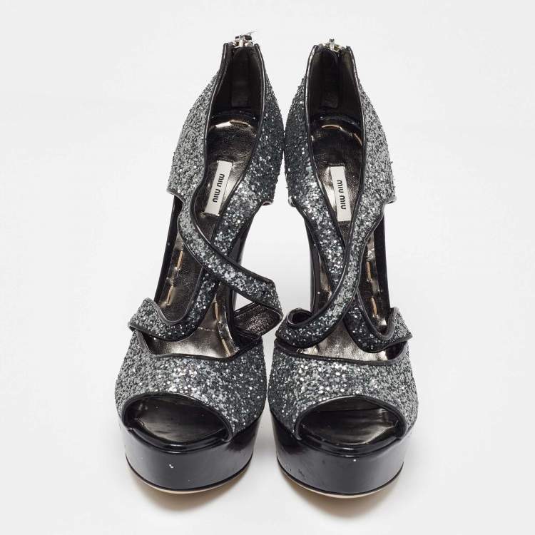 Pre Owned Miu Miu Metallic Grey Coarse Glitter Platform Sandals Size 38.5