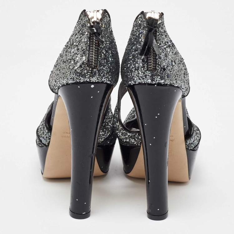 Pre Owned Miu Miu Metallic Grey Coarse Glitter Platform Sandals Size 38.5