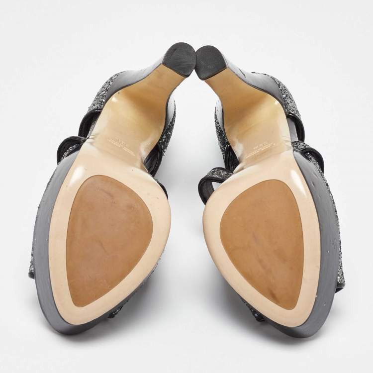 Pre Owned Miu Miu Metallic Grey Coarse Glitter Platform Sandals Size 38.5