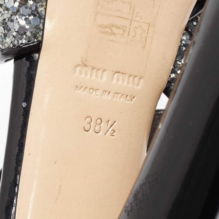 Pre Owned Miu Miu Metallic Grey Coarse Glitter Platform Sandals Size 38.5