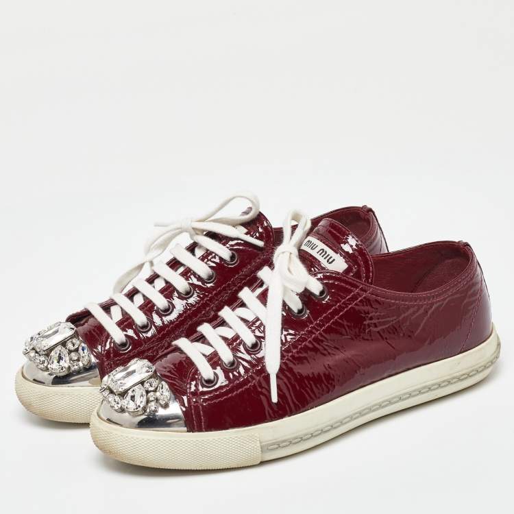 Pre Owned Miu Miu Burgundy Patent Leather Crystal Cap Toe  Sneakers Size 37
