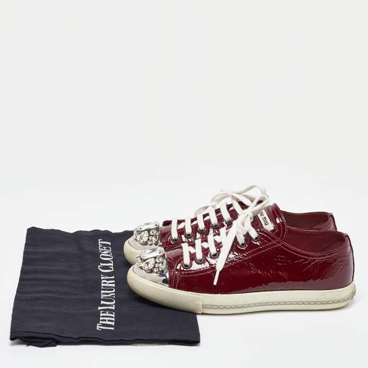 Pre Owned Miu Miu Burgundy Patent Leather Crystal Cap Toe  Sneakers Size 37