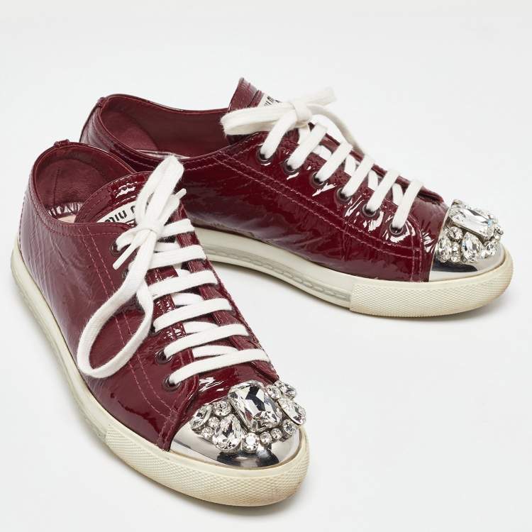 Pre Owned Miu Miu Burgundy Patent Leather Crystal Cap Toe  Sneakers Size 37