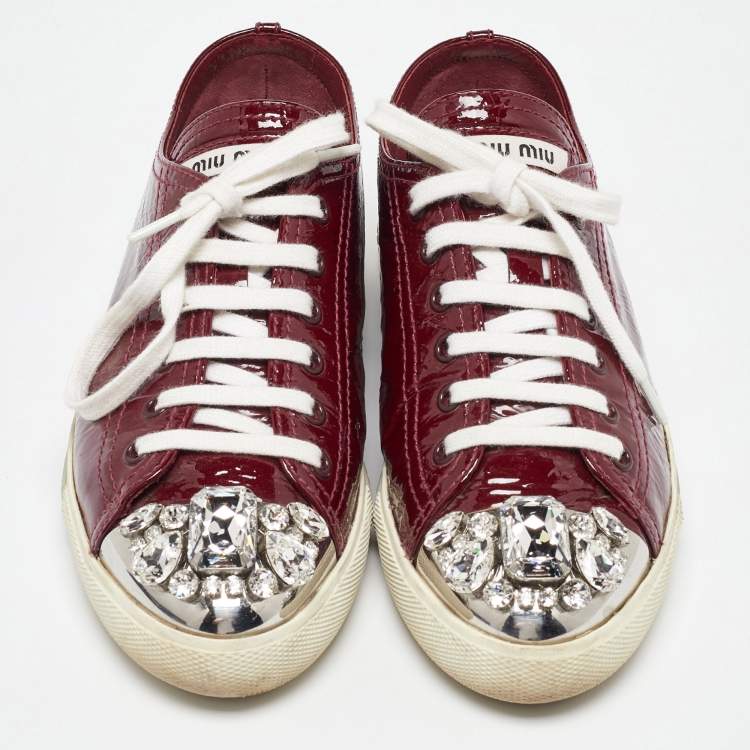 Pre Owned Miu Miu Burgundy Patent Leather Crystal Cap Toe  Sneakers Size 37