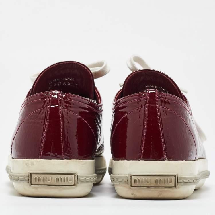 Pre Owned Miu Miu Burgundy Patent Leather Crystal Cap Toe  Sneakers Size 37