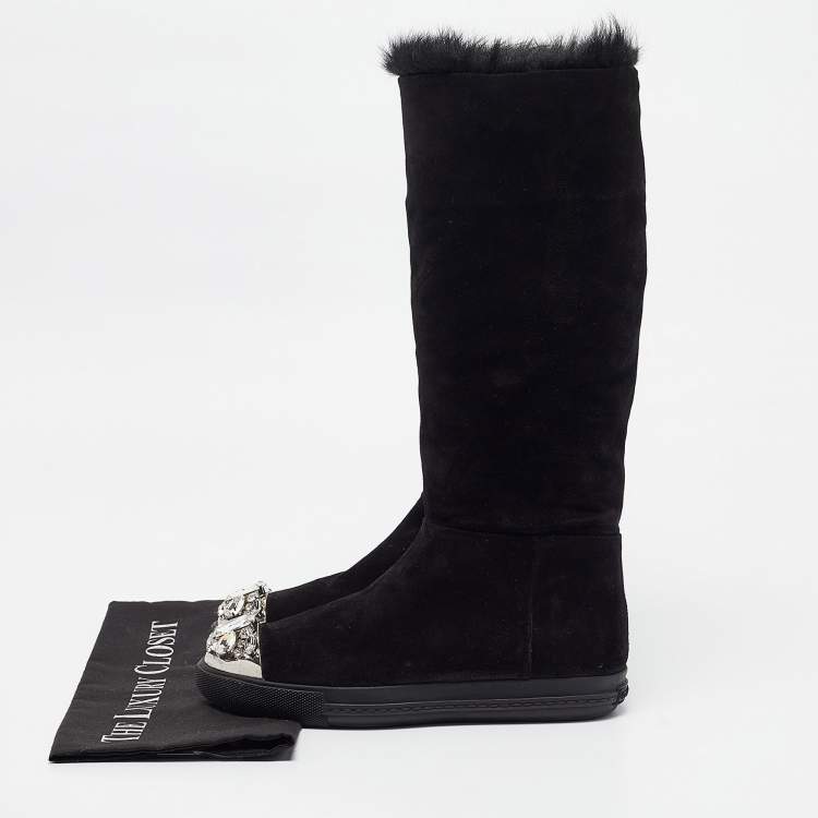 Pre Owned Miu Miu Black Suede And Fur Crystal Embellished Knee Length Boots Size 36