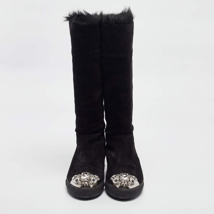 Pre Owned Miu Miu Black Suede And Fur Crystal Embellished Knee Length Boots Size 36