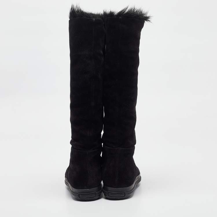 Pre Owned Miu Miu Black Suede And Fur Crystal Embellished Knee Length Boots Size 36