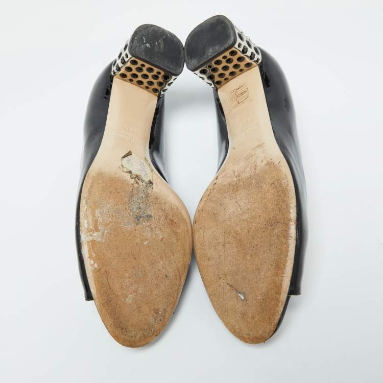 Pre Owned Miu Miu Black Patent Leather Crystal Embellished Block Heel Peep Toe Pumps Size 40.5