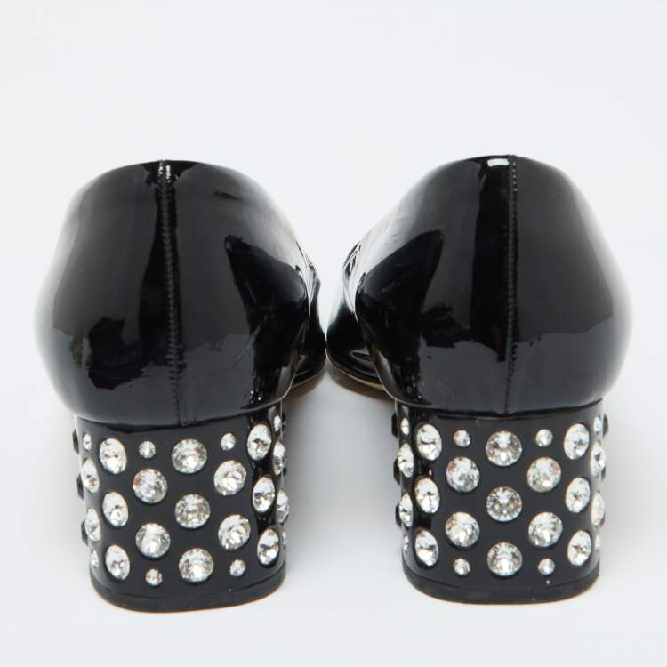 Pre Owned Miu Miu Black Patent Leather Crystal Embellished Block Heel Peep Toe Pumps Size 40.5