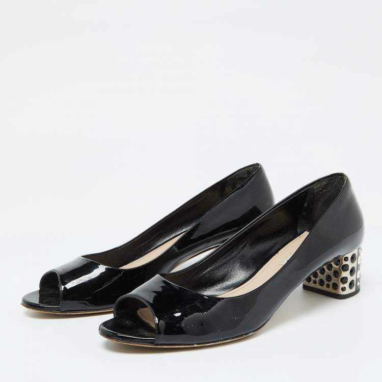 Pre Owned Miu Miu Black Patent Leather Crystal Embellished Block Heel Peep Toe Pumps Size 40.5